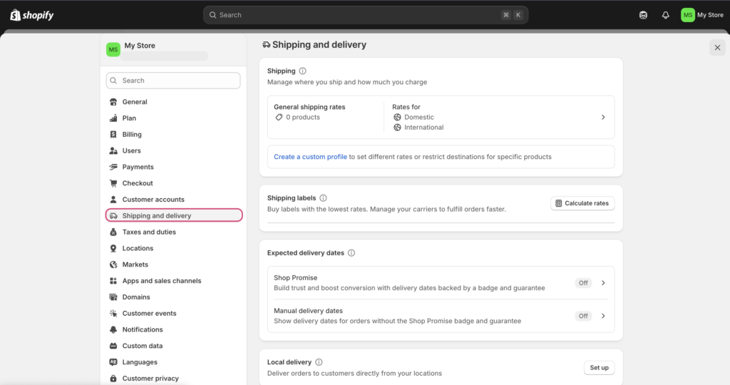 Shipping setting